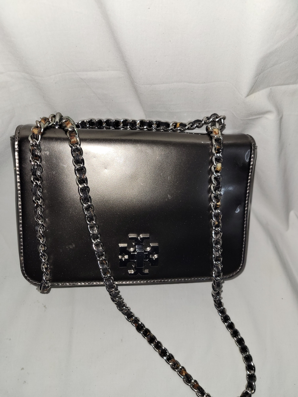 Tory Burch Metallic Gunmetal Crossbody with Chain Strap